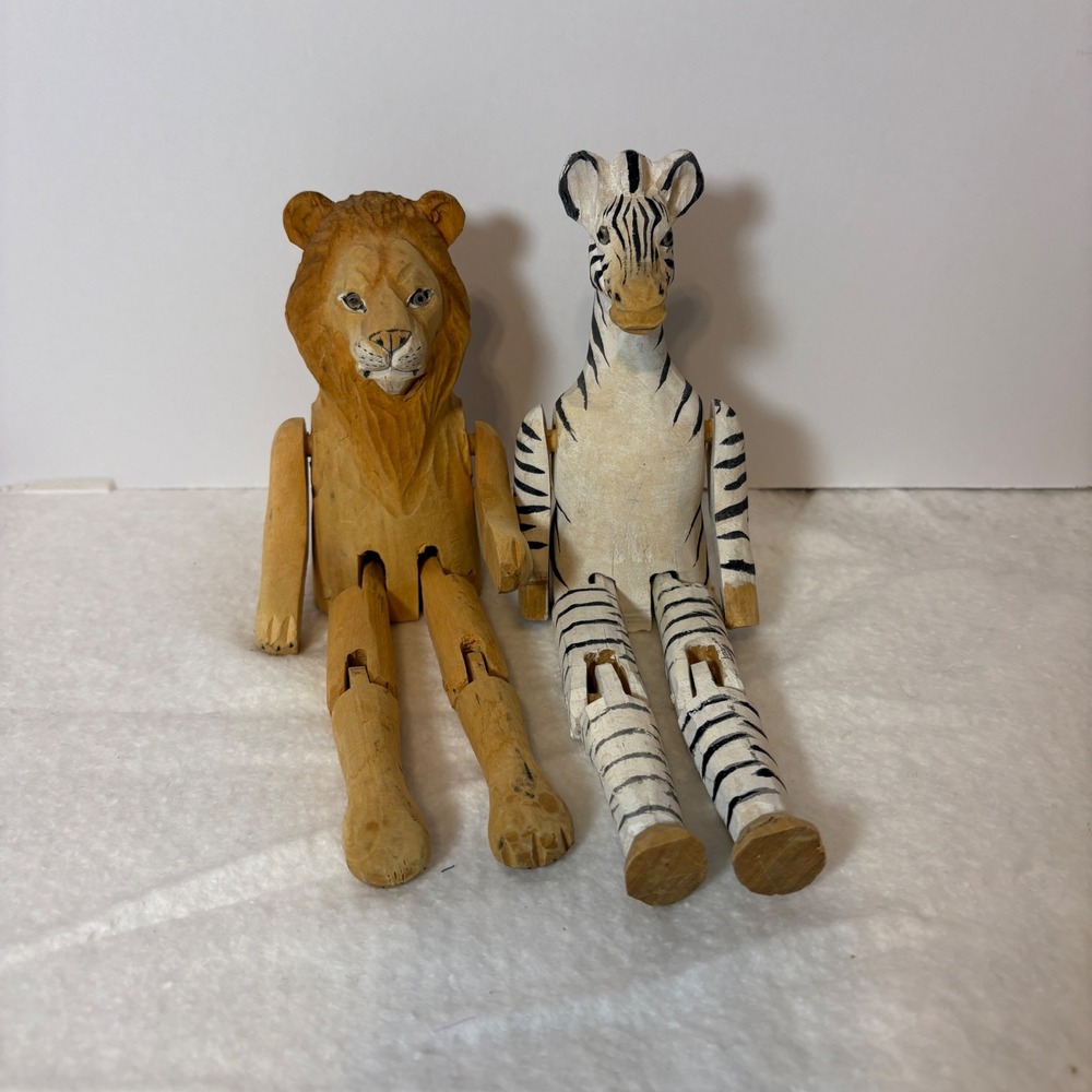 Vintage Hand Carved Wooden Jointed Lion and Zebra Shelf Sitter Figures Set of 2